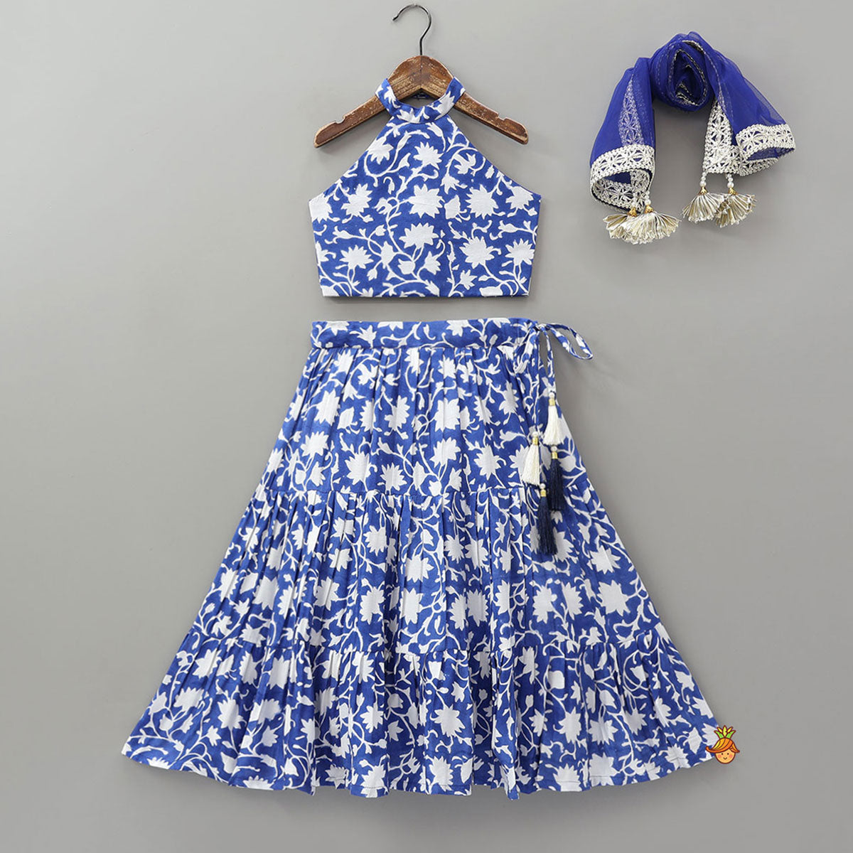 Pre Order: Halter Neck Printed Crop Top And Tiered Lehenga With Dupatta
