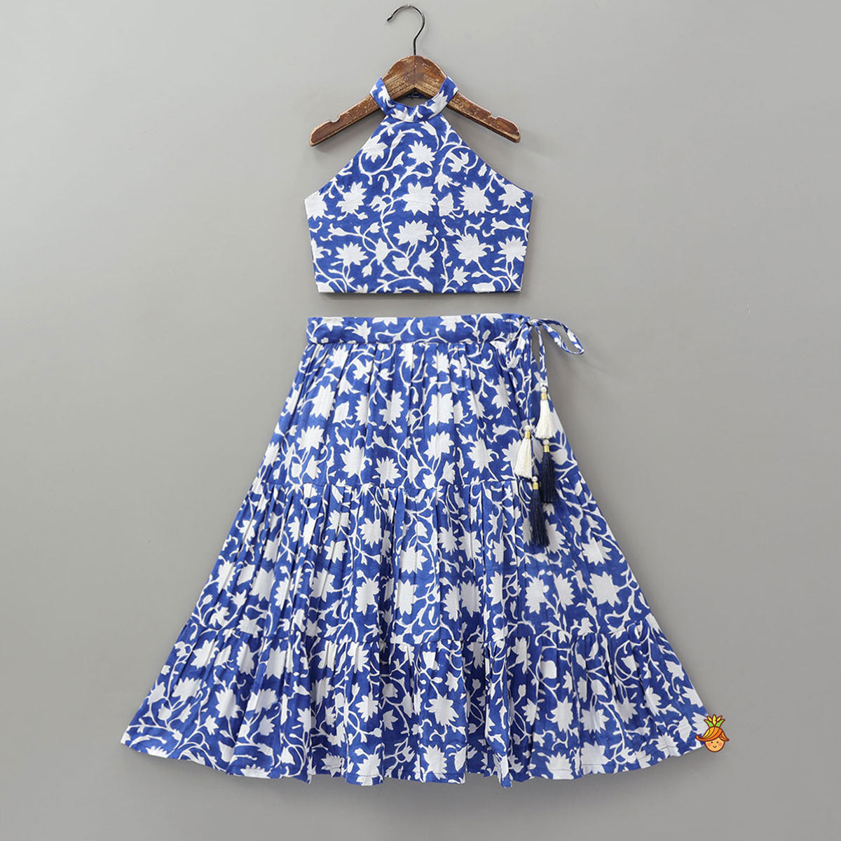 Pre Order: Halter Neck Printed Crop Top And Tiered Lehenga With Dupatta