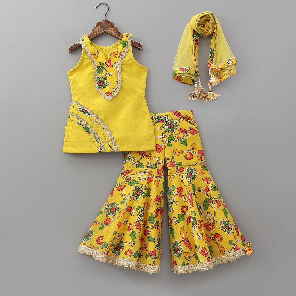Pre Order: Printed Yoke Kurti And Sharara With Matching Dupatta