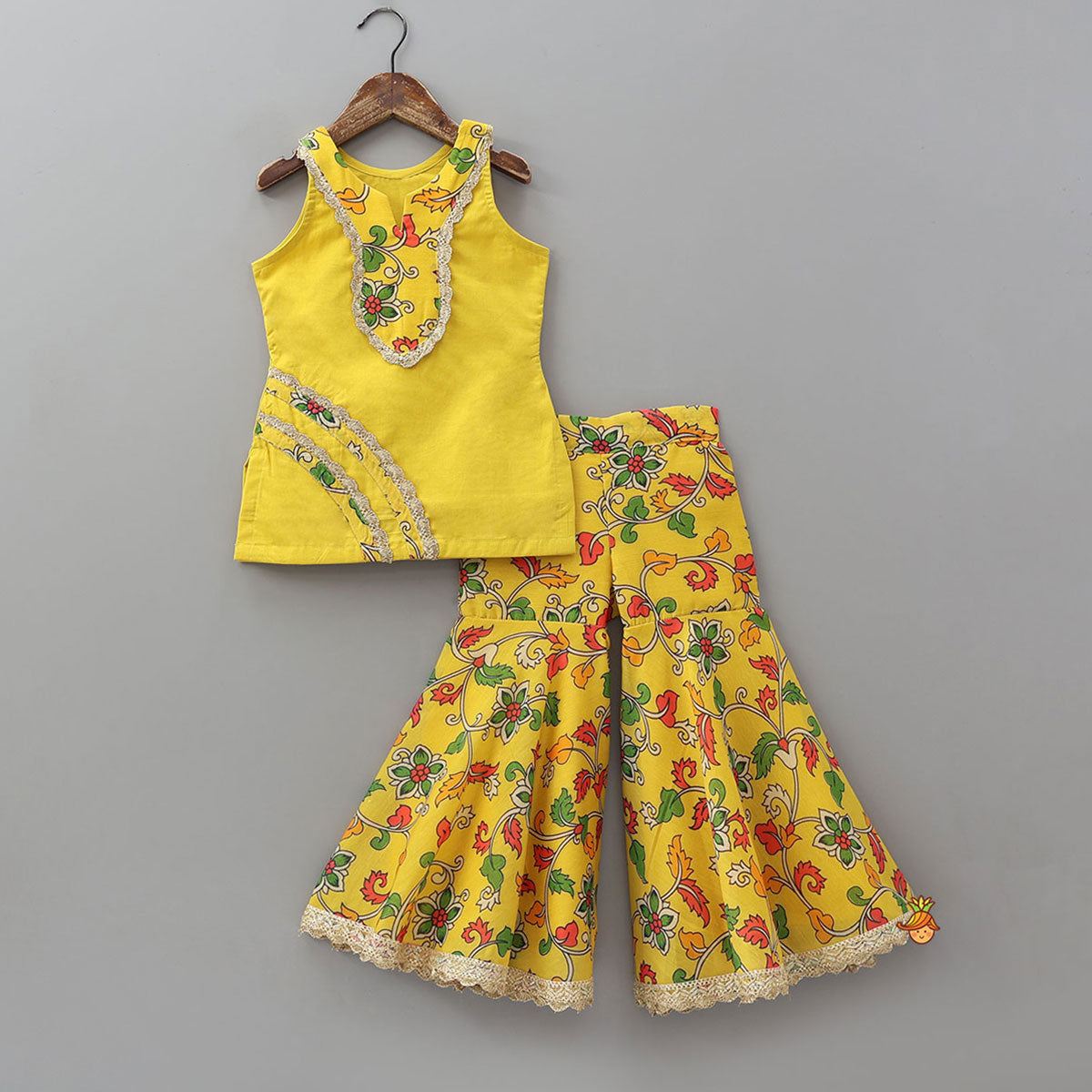 Pre Order: Printed Yoke Kurti And Sharara With Matching Dupatta