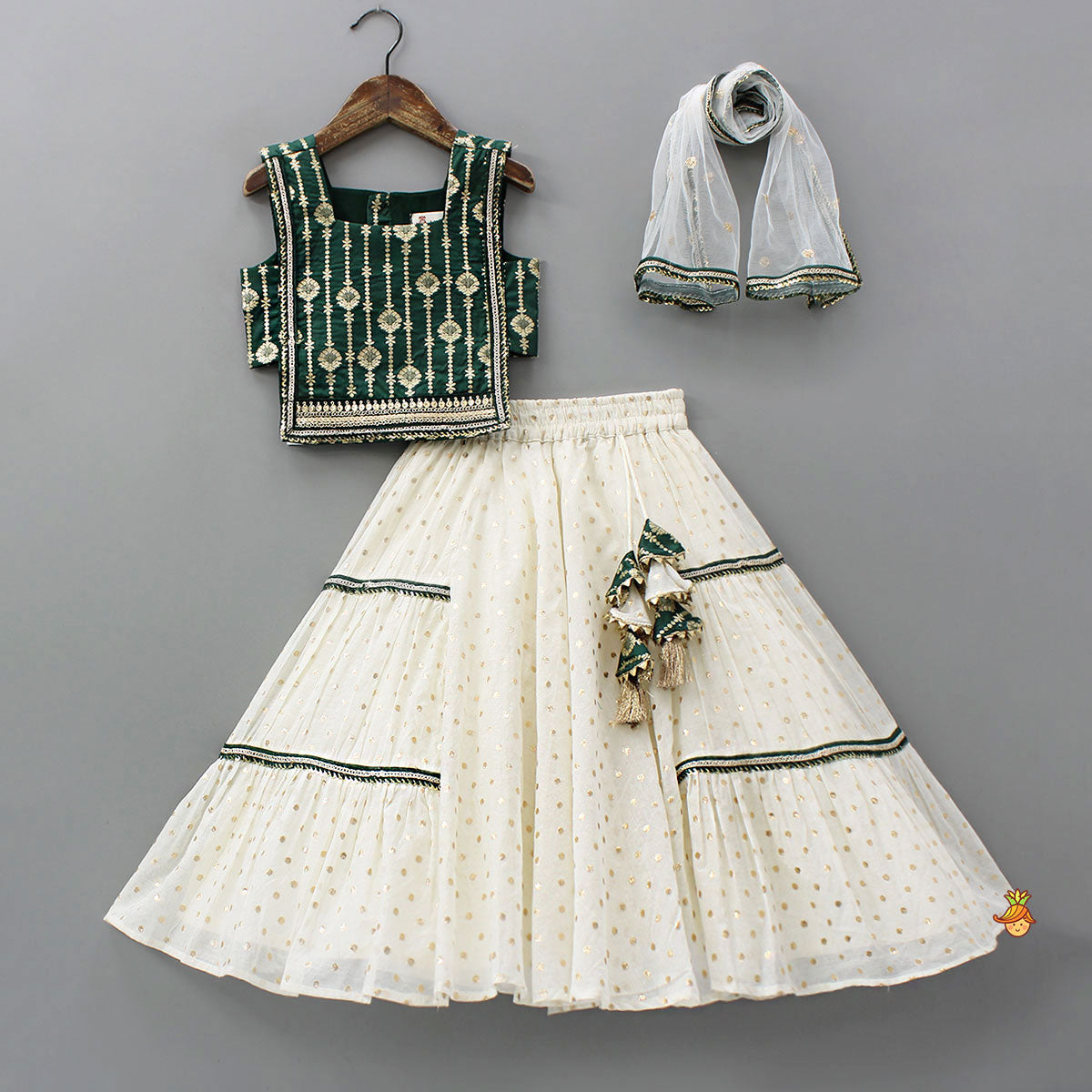 Pre Order: Foil Printed Corset Top With Tiered Lehenga And Dupatta