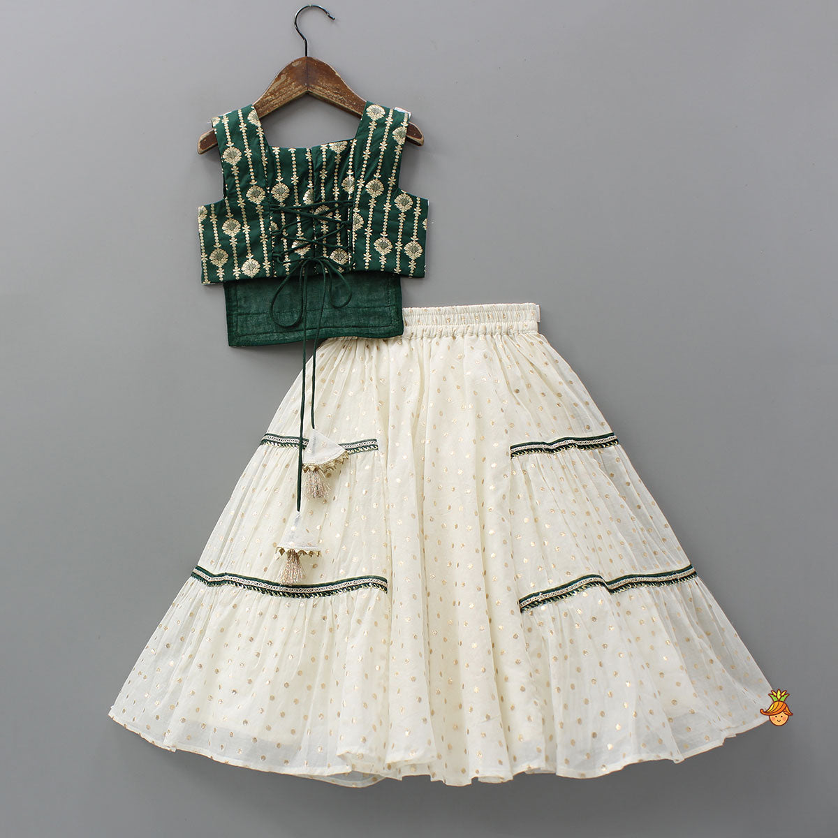 Pre Order: Foil Printed Corset Top With Tiered Lehenga And Dupatta