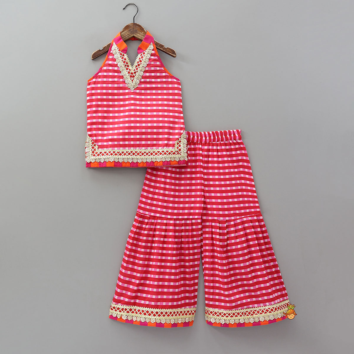 Pre Order: Checkered Lace Detailed Kurti And Flared Sharara With Dupatta