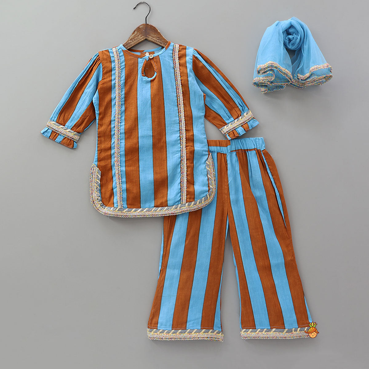 Pre Order: Dual Tone Striped Kurti And Palazzo With Dupatta
