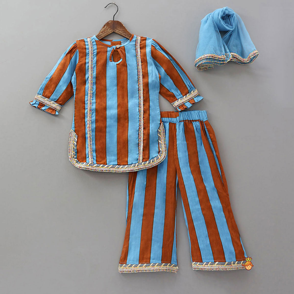 Pre Order: Dual Tone Striped Kurti And Palazzo With Dupatta