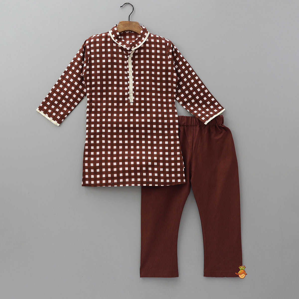 Pre Order: Checked Lace Detailed Kurta With Pyjamas