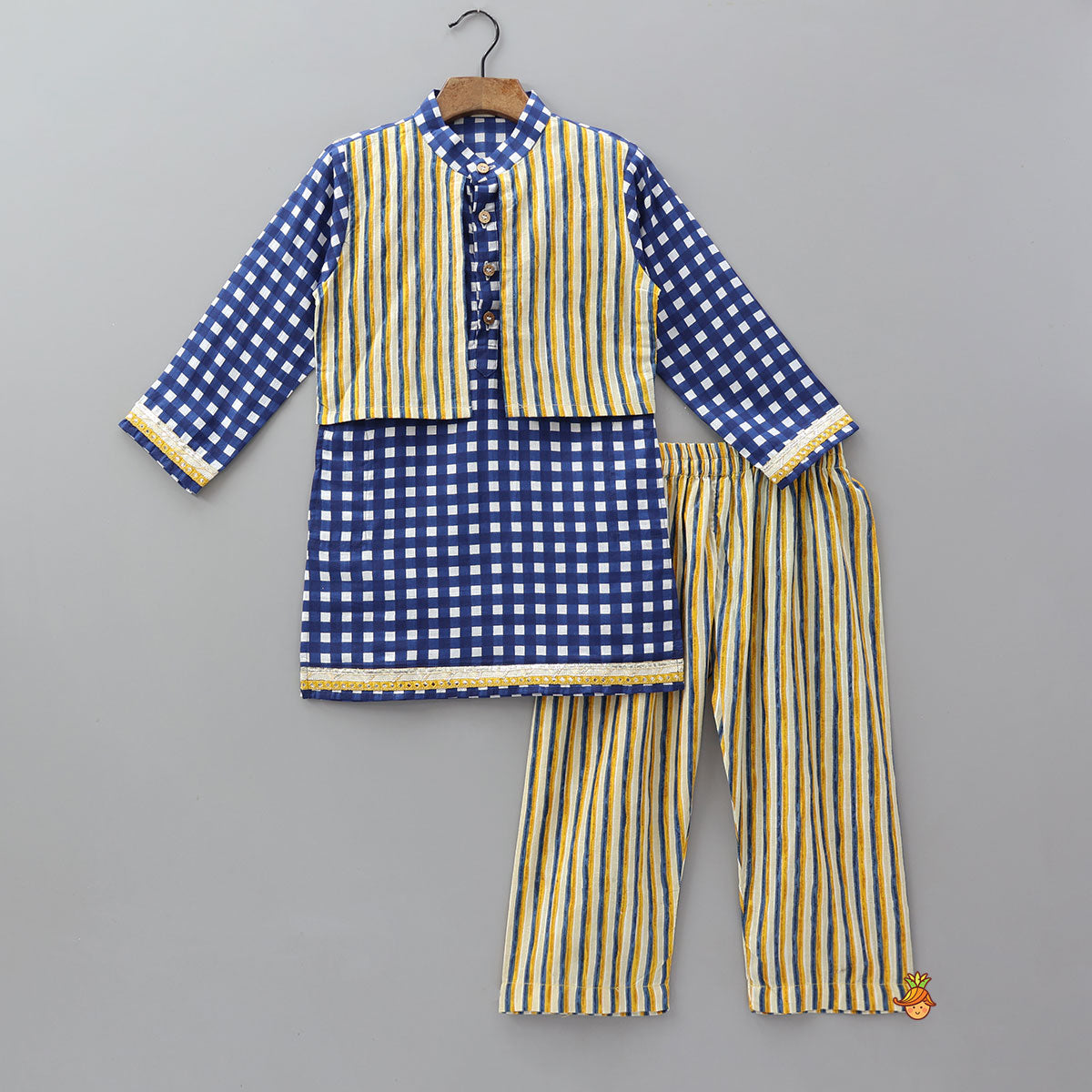 Pre Order: Striped Faux Jacket Style Checked Kurta And Pyjama