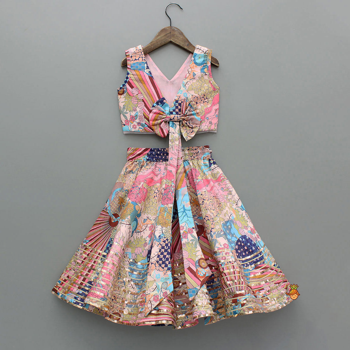 Multicolour Printed Lace Detailing Crop Top And Flared Lehenga