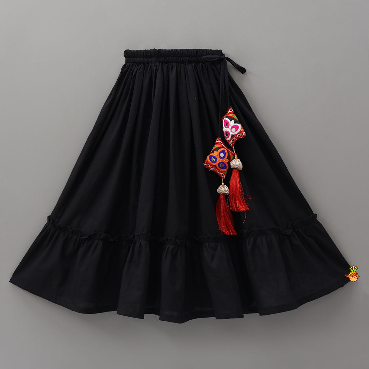 Pre Order: Top With Embroidered Overlay Cape And Tassel Detailed Flared Lehenga