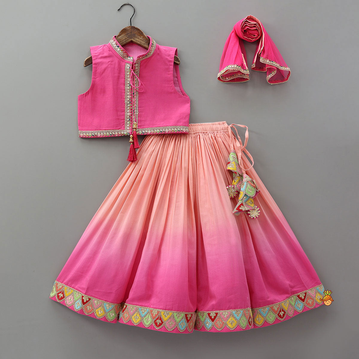 Pre Order: Lace Detailed Top With Ombre Lehenga And Sheer Dupatta