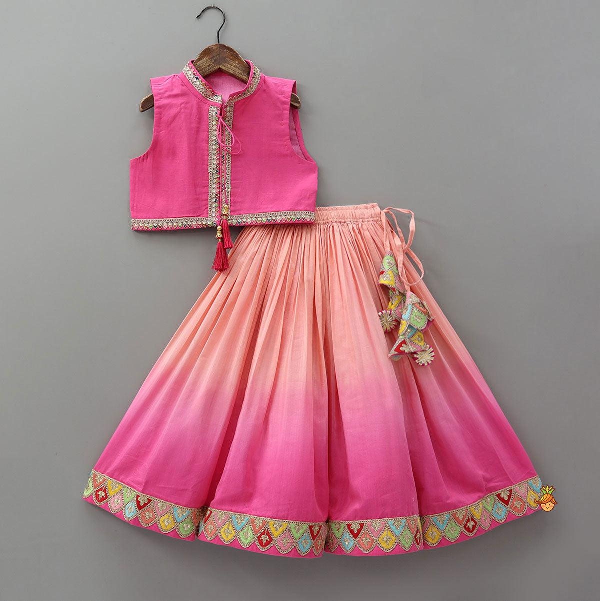 Pre Order: Lace Detailed Top With Ombre Lehenga And Sheer Dupatta