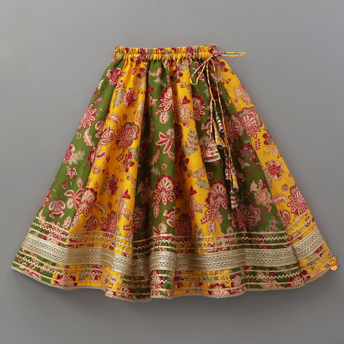 Pre Order: Floral Print Embellished Top With Panelled Flared Lehenga