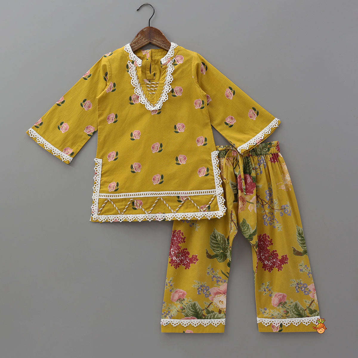 Pre Order: Hand Block Floral Printed Lace Detailed Kurti With Pants