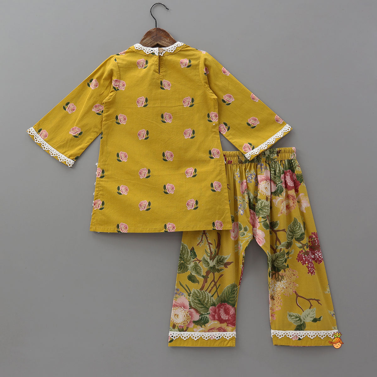 Pre Order: Hand Block Floral Printed Lace Detailed Kurti With Pants