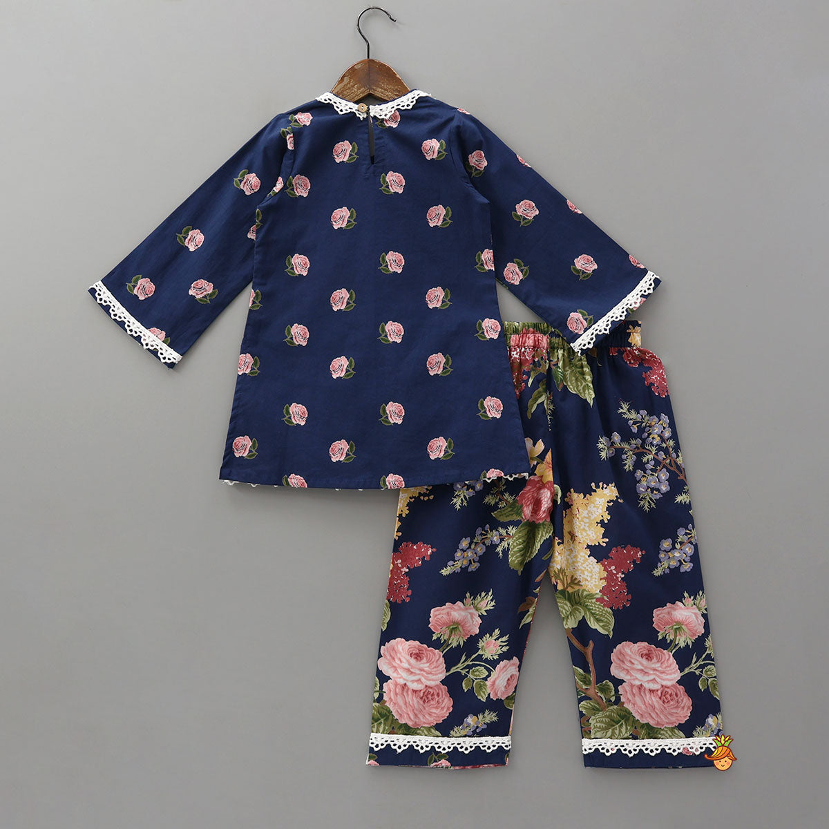 Pre Order: Floral Hand Block Print Lace Detailed Kurti With Pants