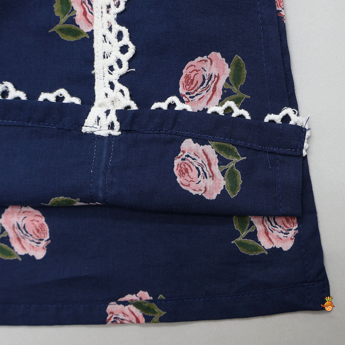 Pre Order: Floral Hand Block Print Lace Detailed Kurti With Pants