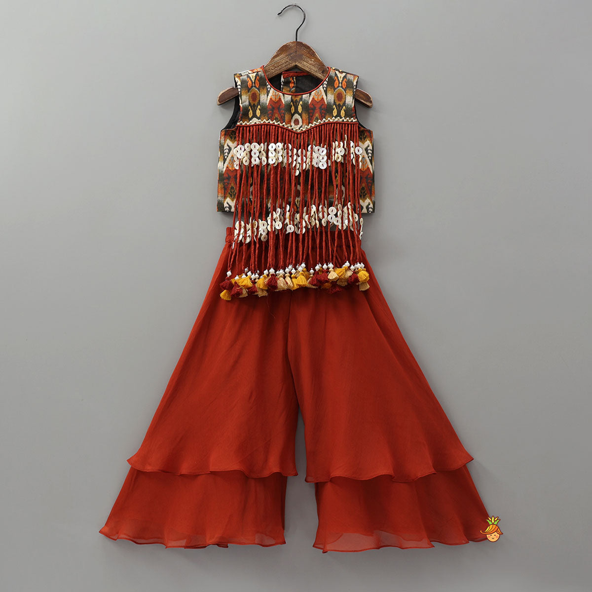 Pre Order: Multiple Hanging Tassel Detail Crop Top And Layered Palazzo