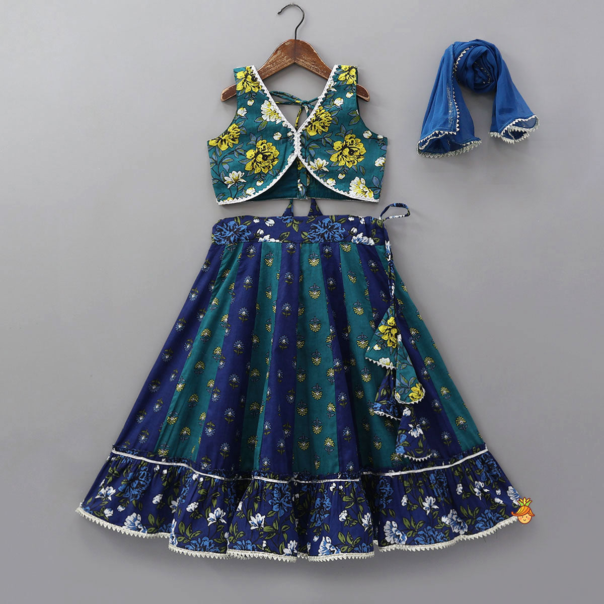 Pre Order: Floral Printed Stylish Top With Panelled Flared Lehenga And Dupatta