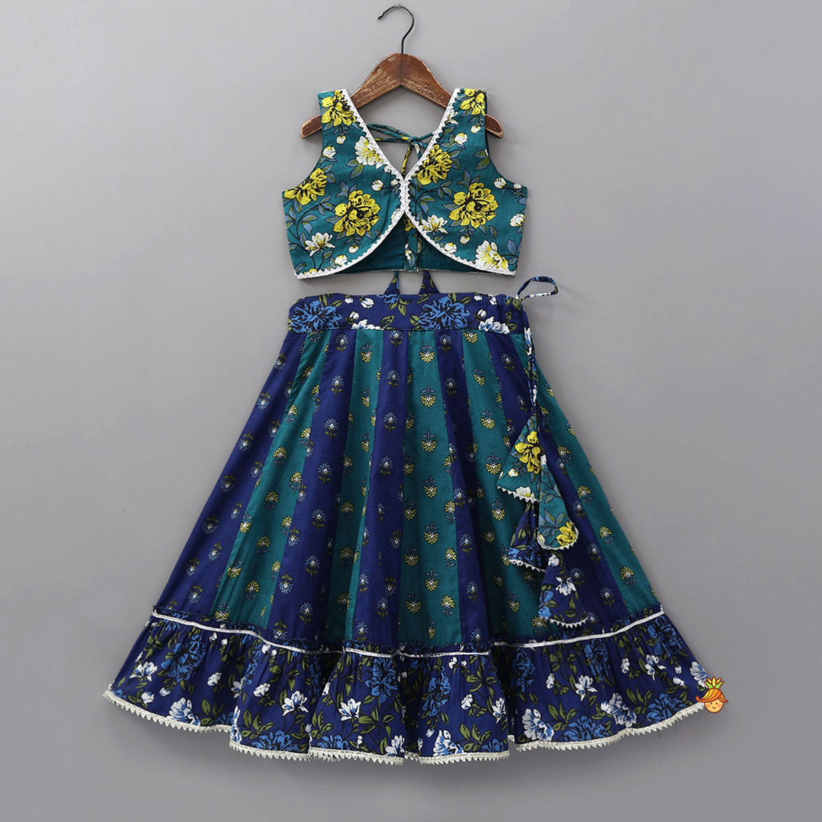 Pre Order: Floral Printed Stylish Top With Panelled Flared Lehenga And Dupatta