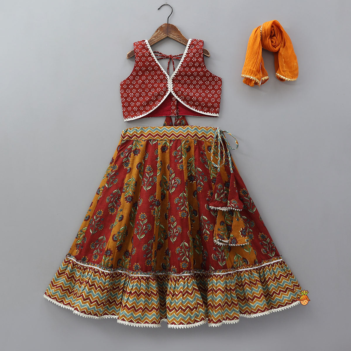 Pre Order: Floral Printed Crop Top With Panelled Flared Lehenga And Dupatta