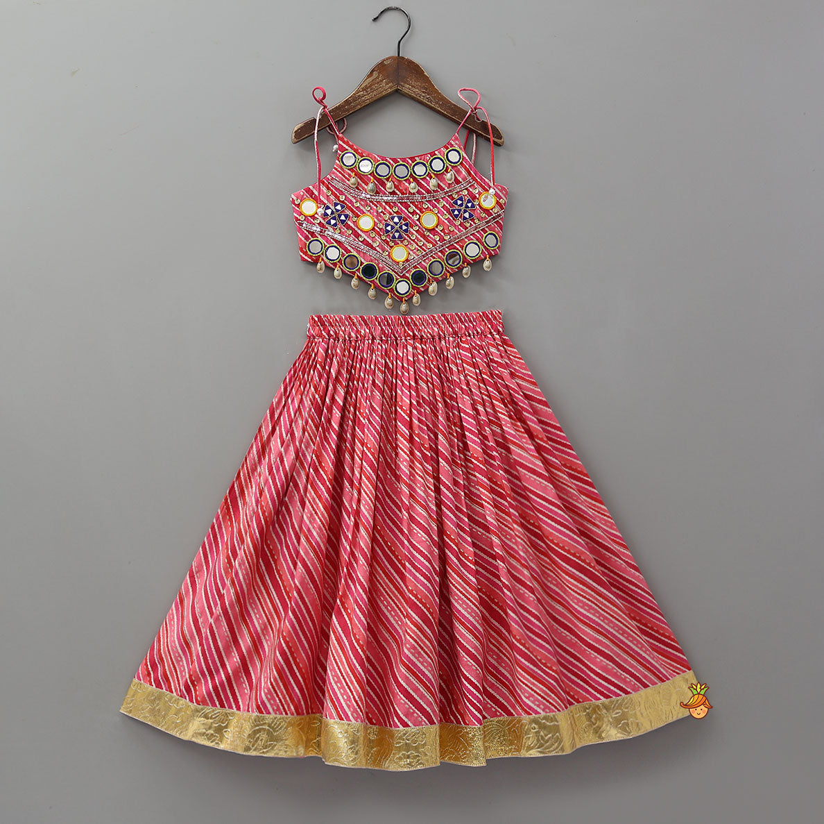 Pre Order: Geometric Mirror Embellished Top With Leheriya Printed Lehenga