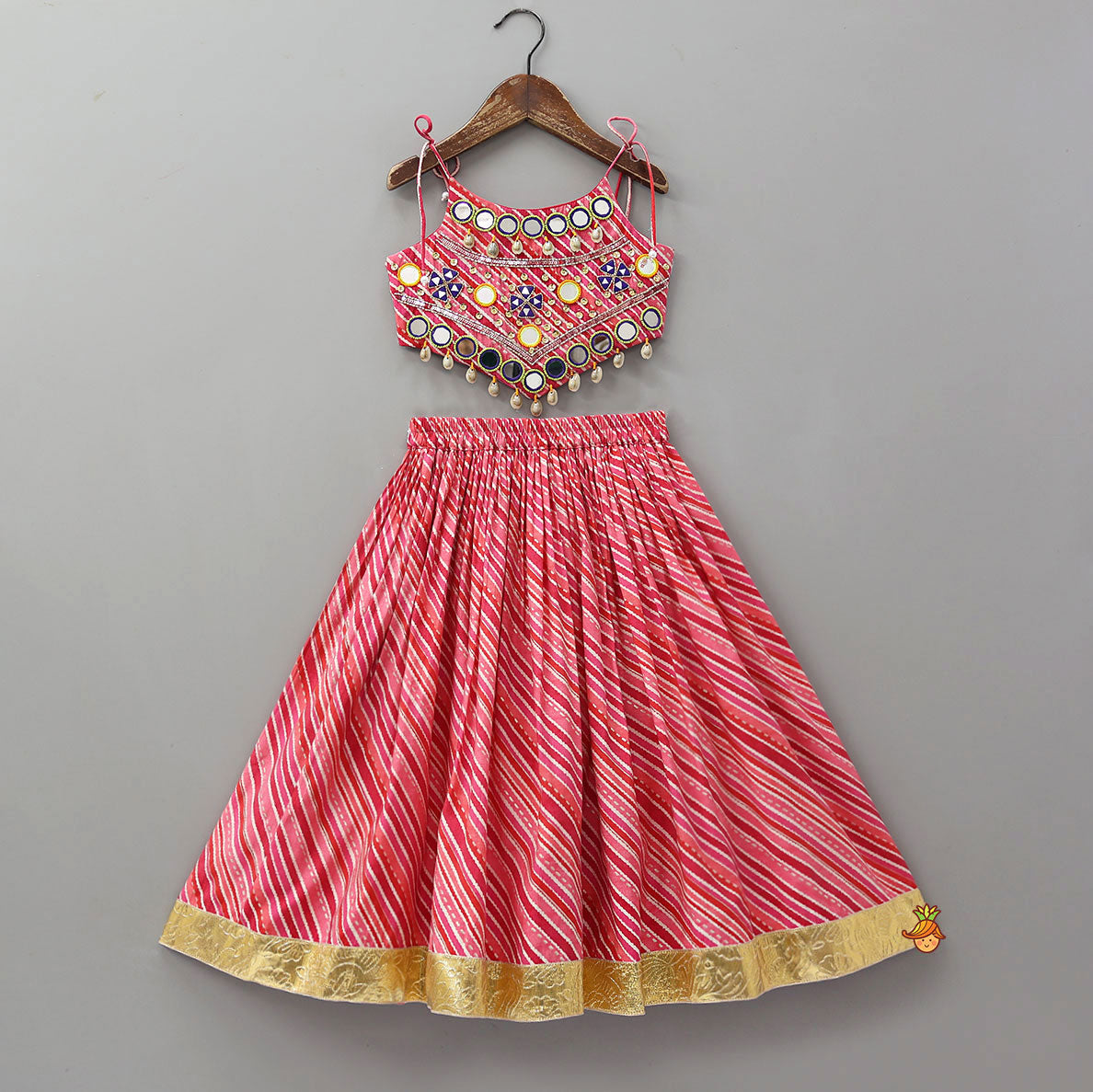 Pre Order: Geometric Mirror Embellished Top With Leheriya Printed Lehenga