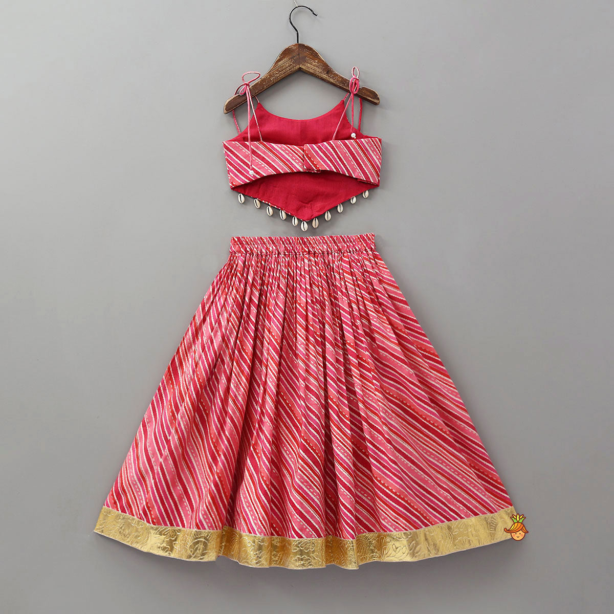 Pre Order: Geometric Mirror Embellished Top With Leheriya Printed Lehenga