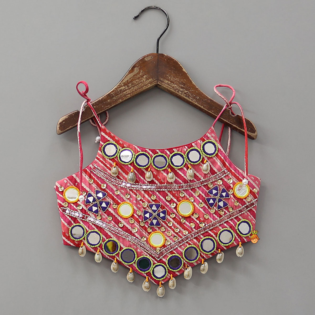 Pre Order: Geometric Mirror Embellished Top With Leheriya Printed Lehenga