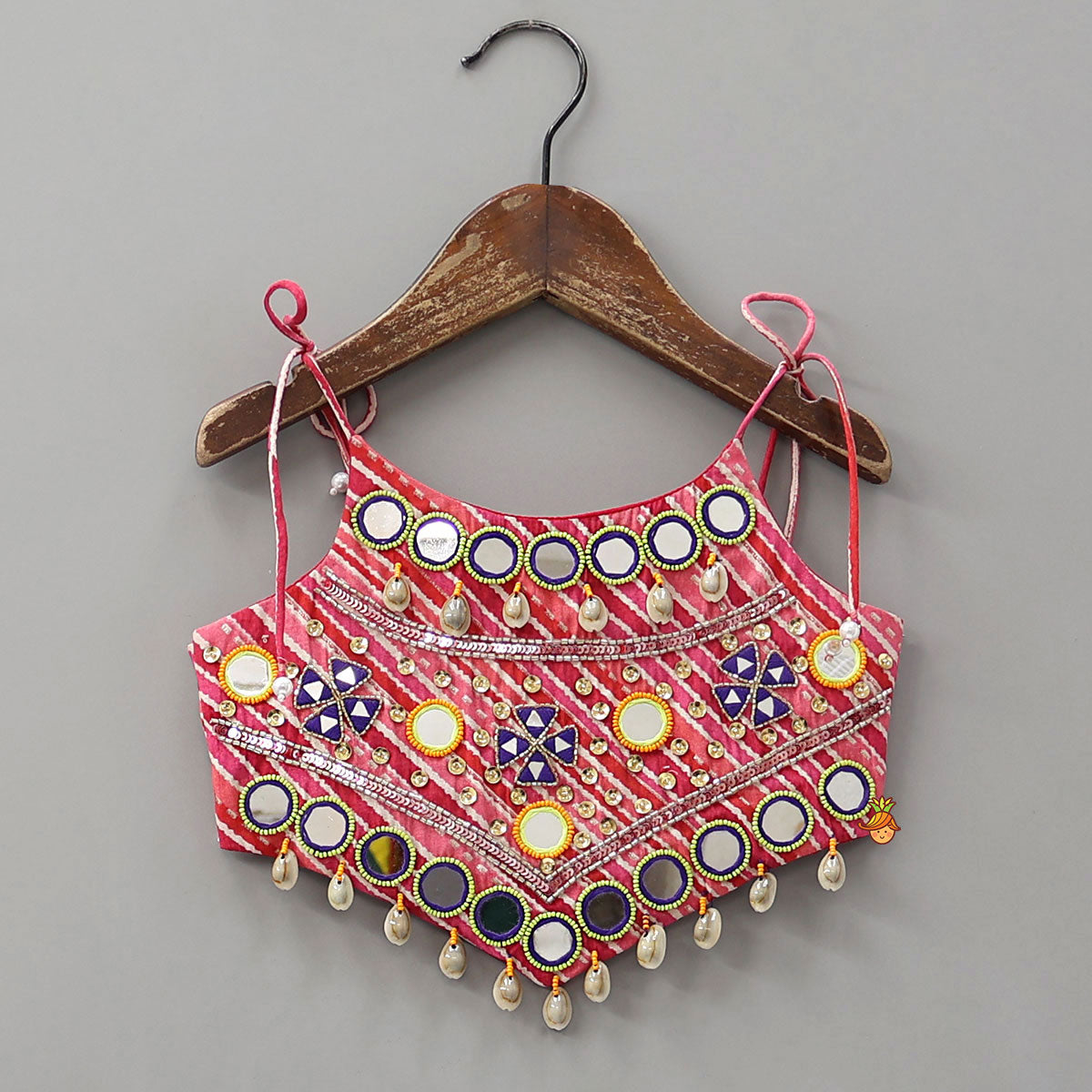 Pre Order: Geometric Mirror Embellished Top With Leheriya Printed Lehenga