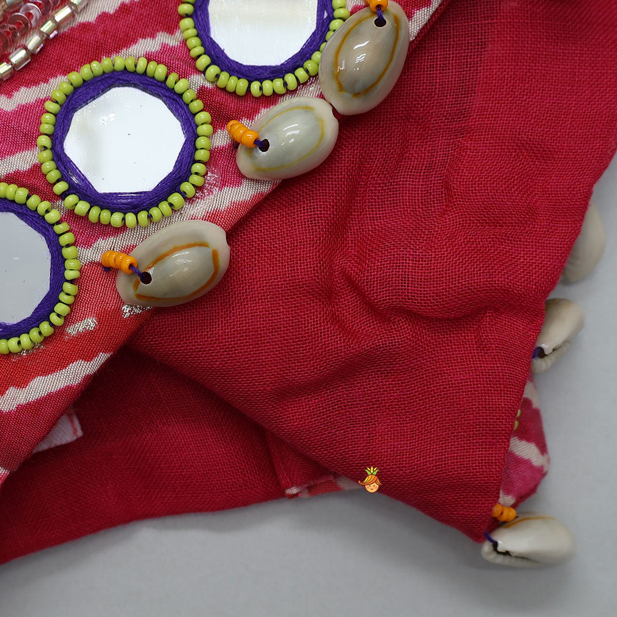 Pre Order: Geometric Mirror Embellished Top With Leheriya Printed Lehenga