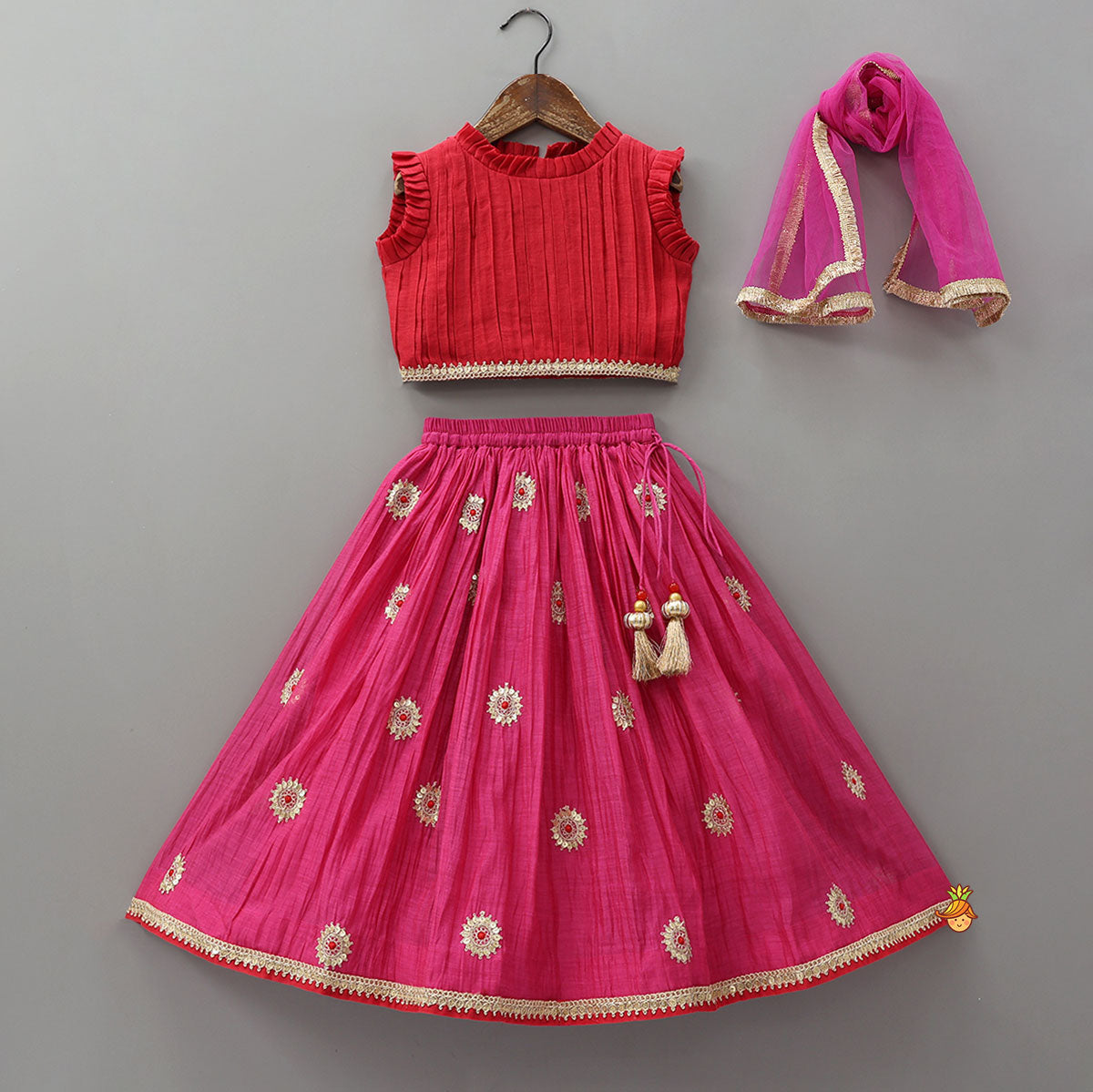 Pre Order: Ruffle Detailed Top With Embellished Flared Lehenga And Dupatta