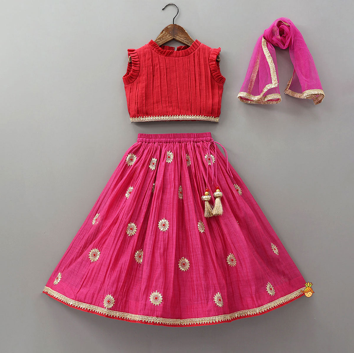 Pre Order: Ruffle Detailed Top With Embellished Flared Lehenga And Dupatta
