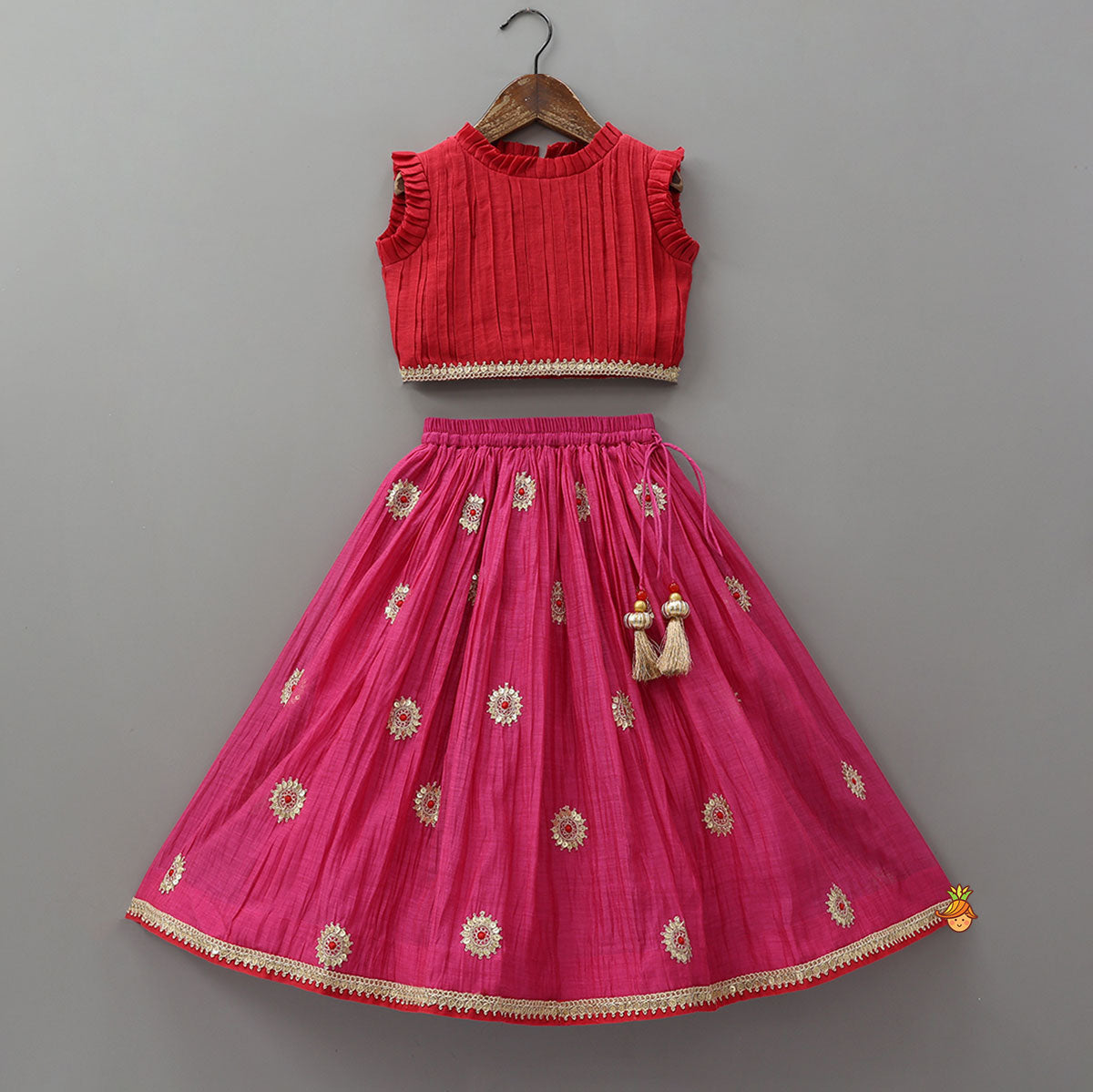 Pre Order: Ruffle Detailed Top With Embellished Flared Lehenga And Dupatta