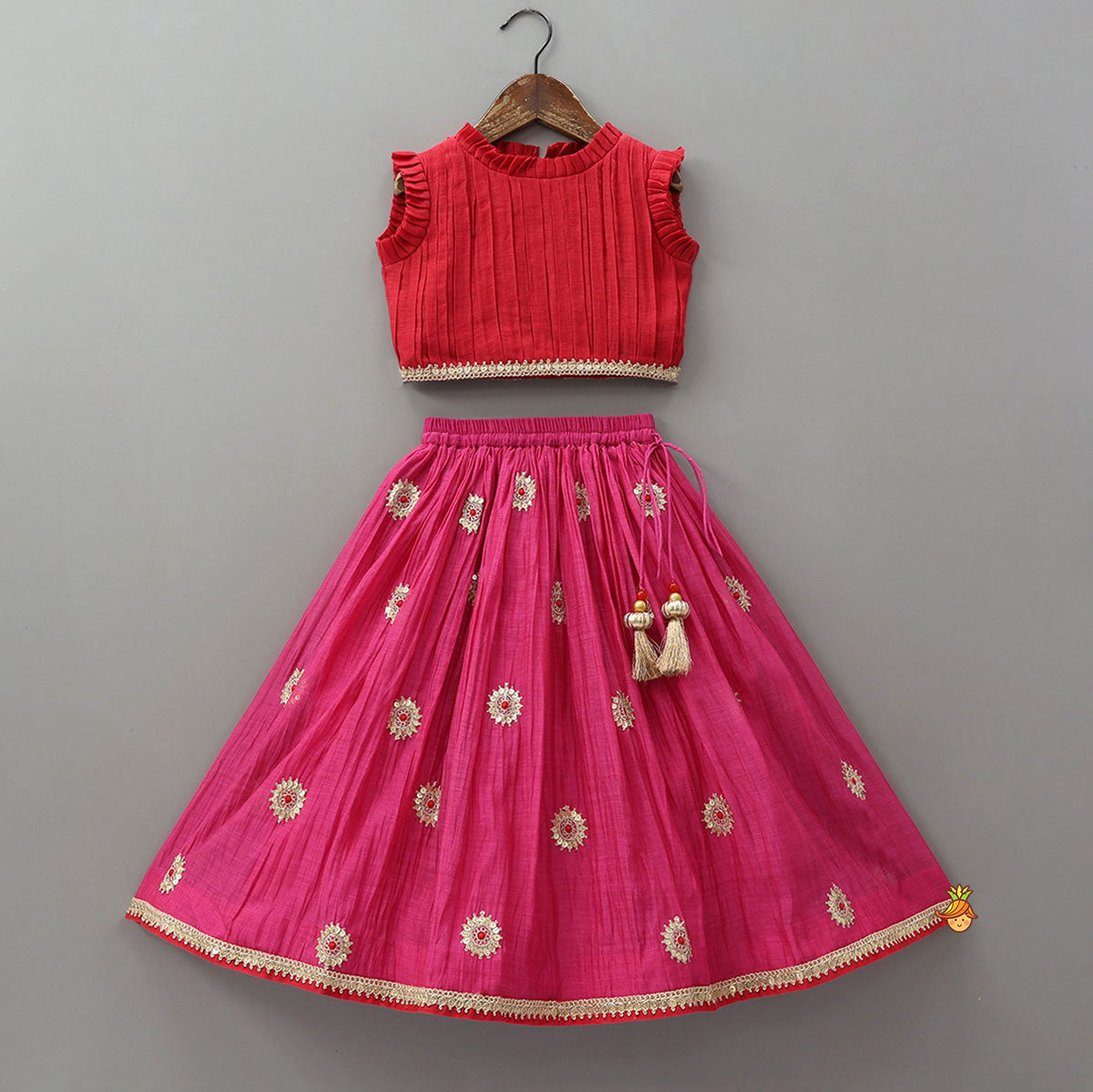 Pre Order: Ruffle Detailed Top With Embellished Flared Lehenga And Dupatta