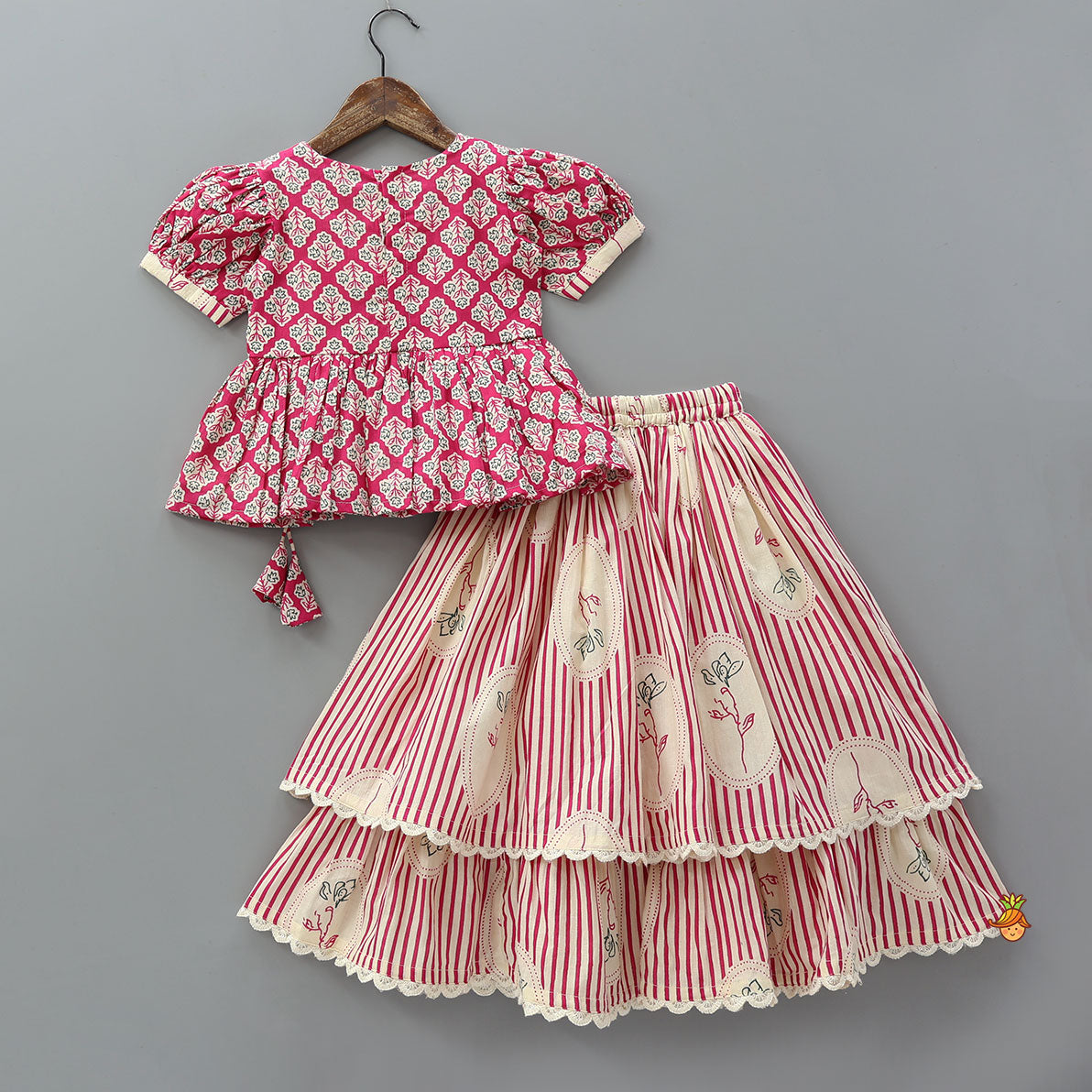 Pre Order: Angrakha Inspired Peplum Top With Tiered Lehenga