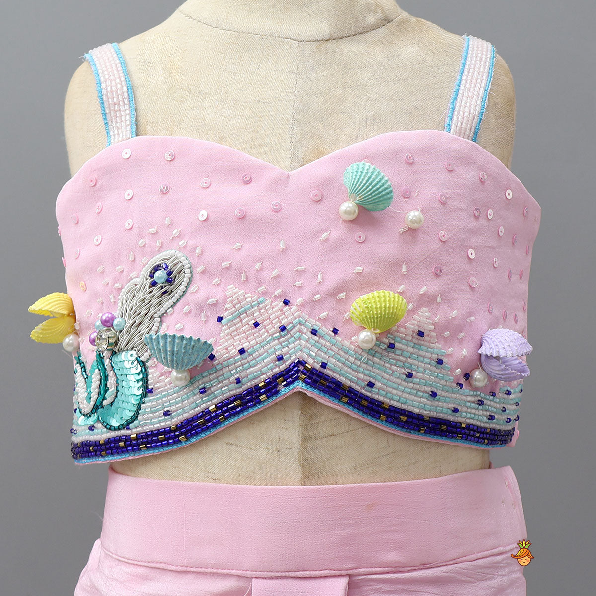 Pre Order: Sea Themed Hand Embellished Strappy Top With Draped Dhoti Skirt