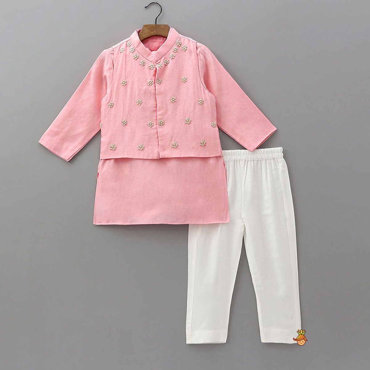 Pre Order: Ethnic Kurta With Floral Hand Embroidered Jacket And Pyjama