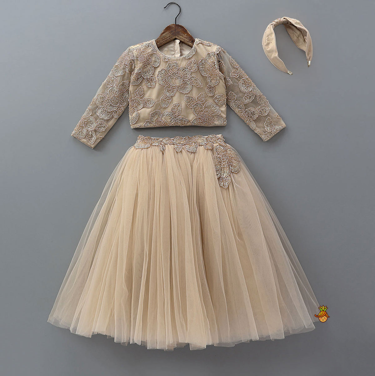 Pre Order: Floral Cutdana Embellished Top With Layered Net Lehenga