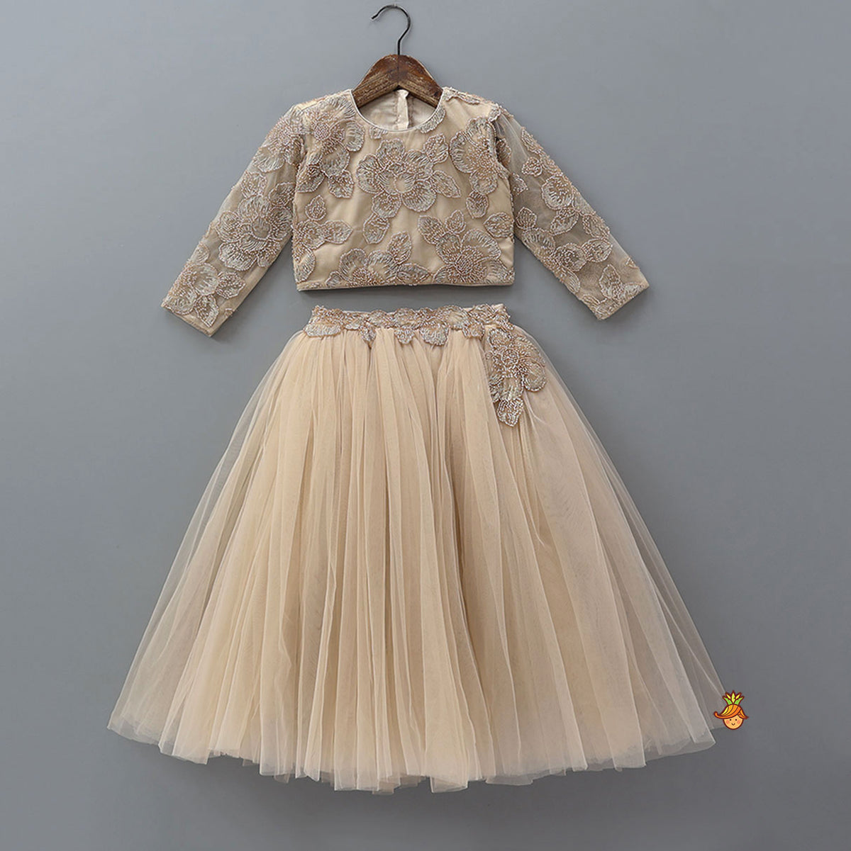 Pre Order: Floral Cutdana Embellished Top With Layered Net Lehenga