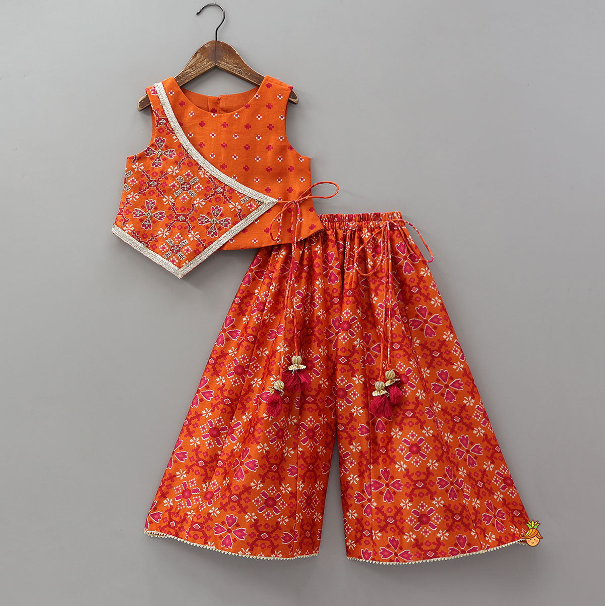 Pre Order: Festive Patola Inspired Angrakha Style Top With Flared Palazzo