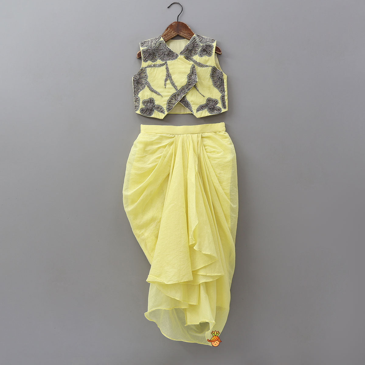 Stylish Embroidered Top With Pleated Dhoti Style Skirt