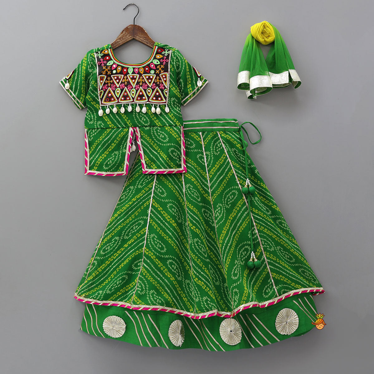 Pre Order: Bandhani Embroidered Kurti With Lehenga And Dupatta