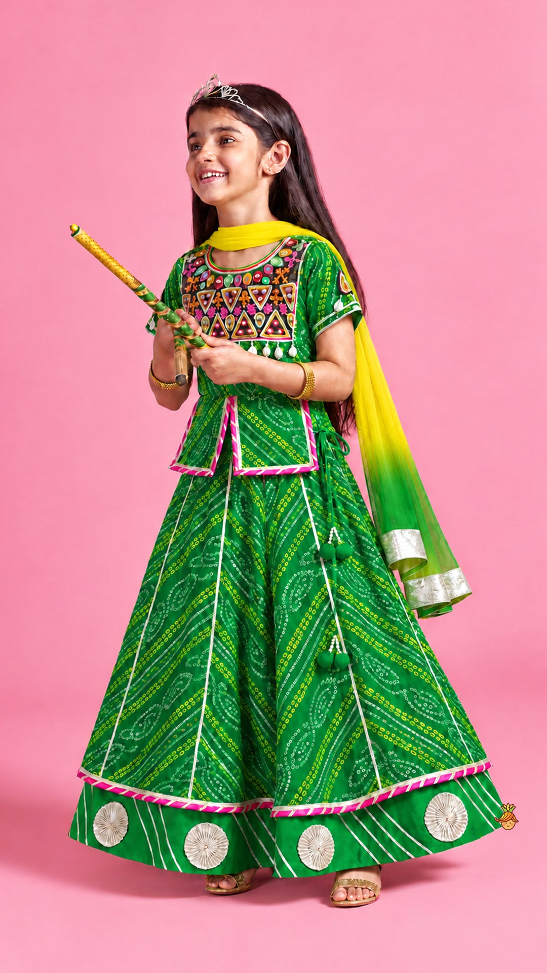 Pre Order: Bandhani Embroidered Kurti With Lehenga And Dupatta