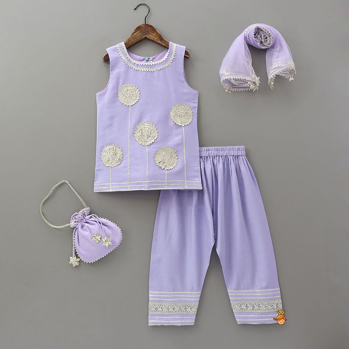Pre Order: Gota Floral Embroidered Kurti And Pants With Matching Dupatta And Potli Bag