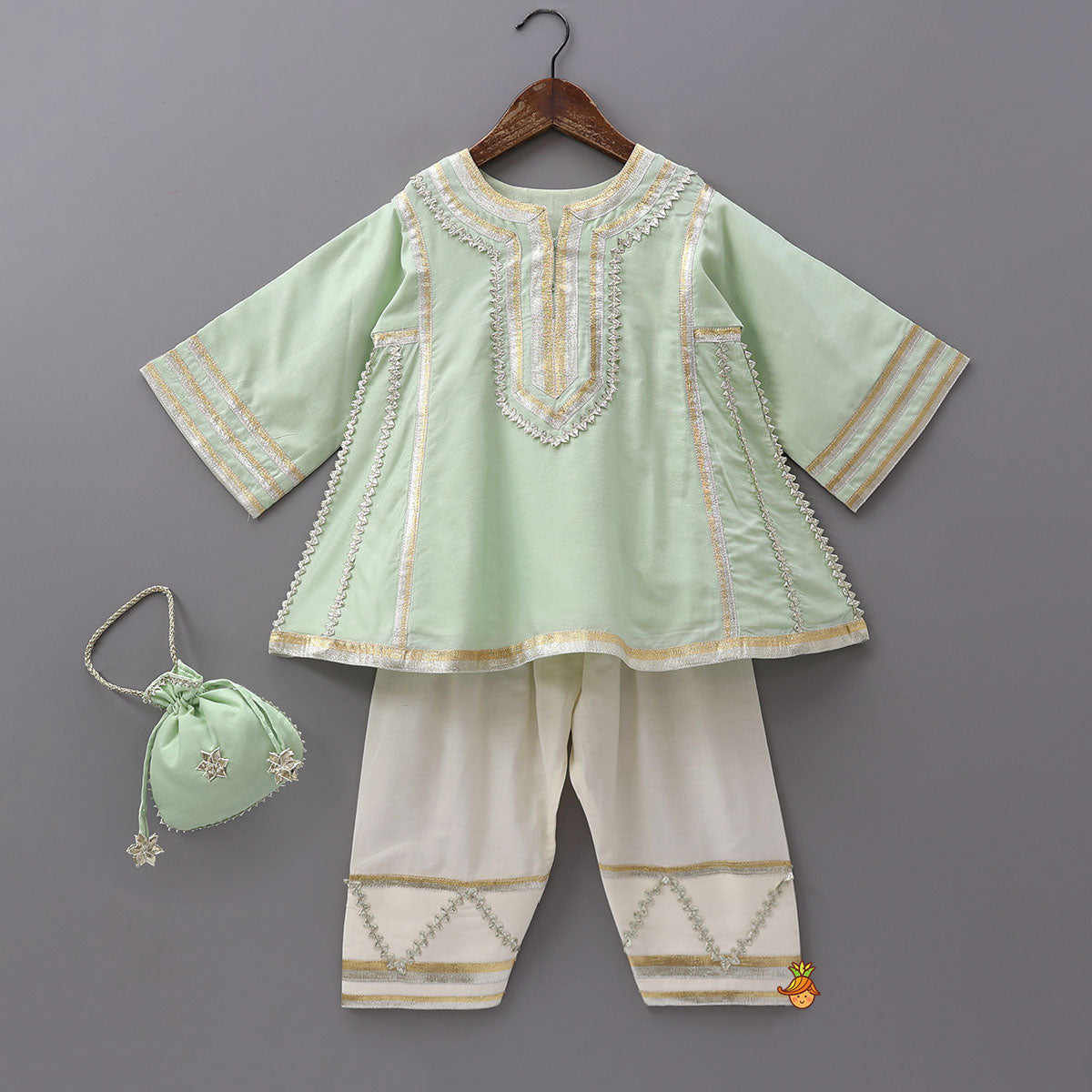Pre Order: Lace Enhanced Kurti And Farshi Salwar With Potli Bag