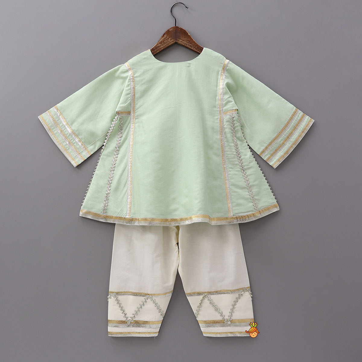 Pre Order: Lace Enhanced Kurti And Farshi Salwar With Potli Bag