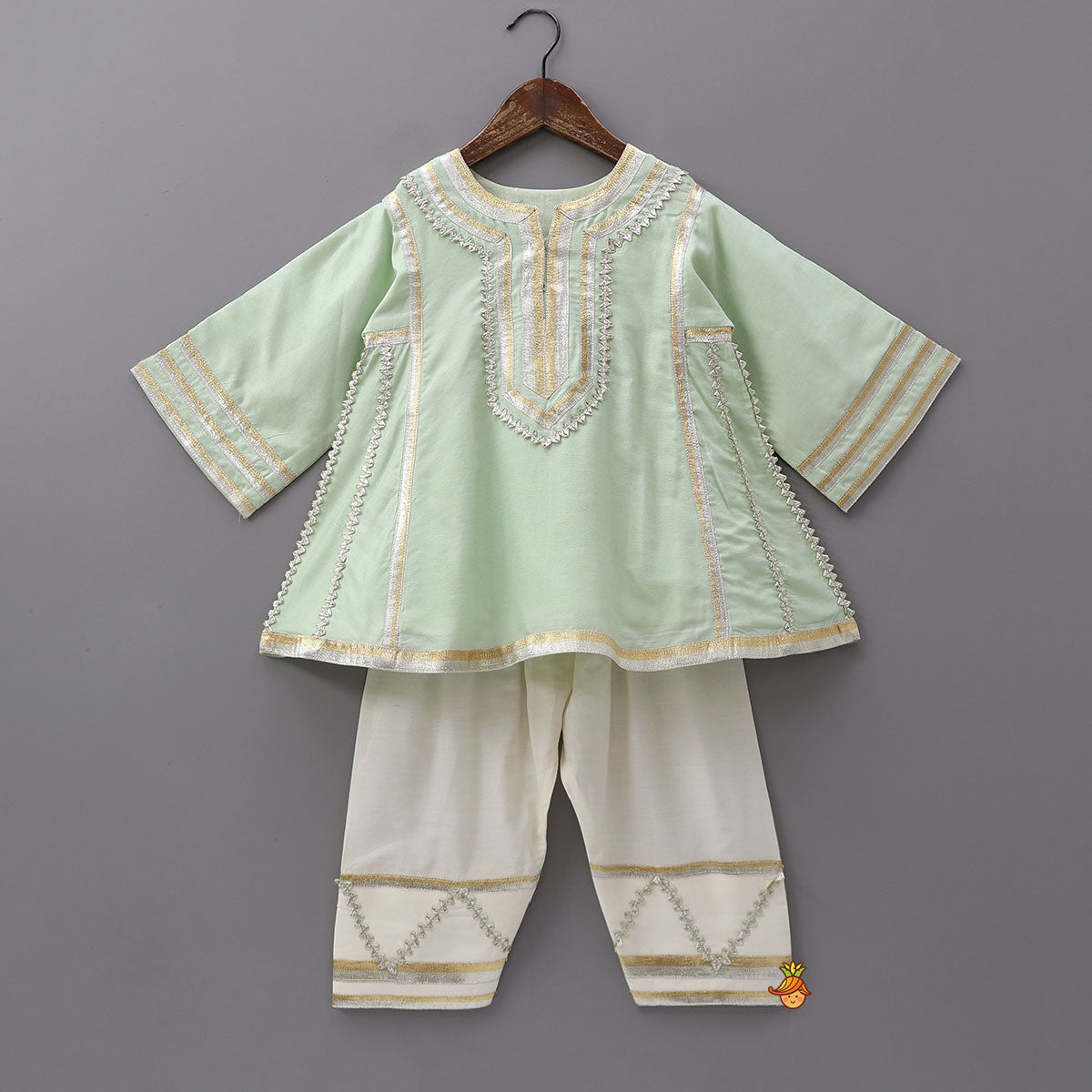 Pre Order: Lace Enhanced Kurti And Farshi Salwar With Potli Bag