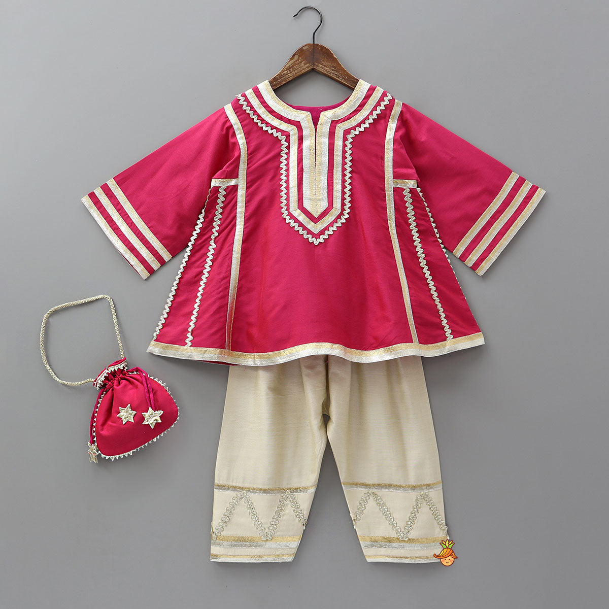 Pre Order: Lace Embellished Ethnic Kurti And Farshi Salwar With Potli Bag