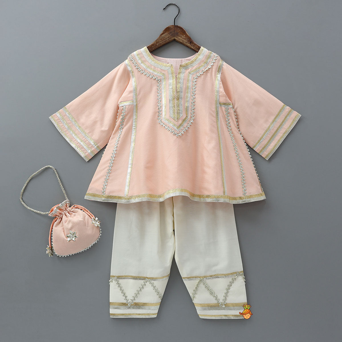 Pre Order: Lace Accented Kurti And Farshi Salwar With Potli Bag