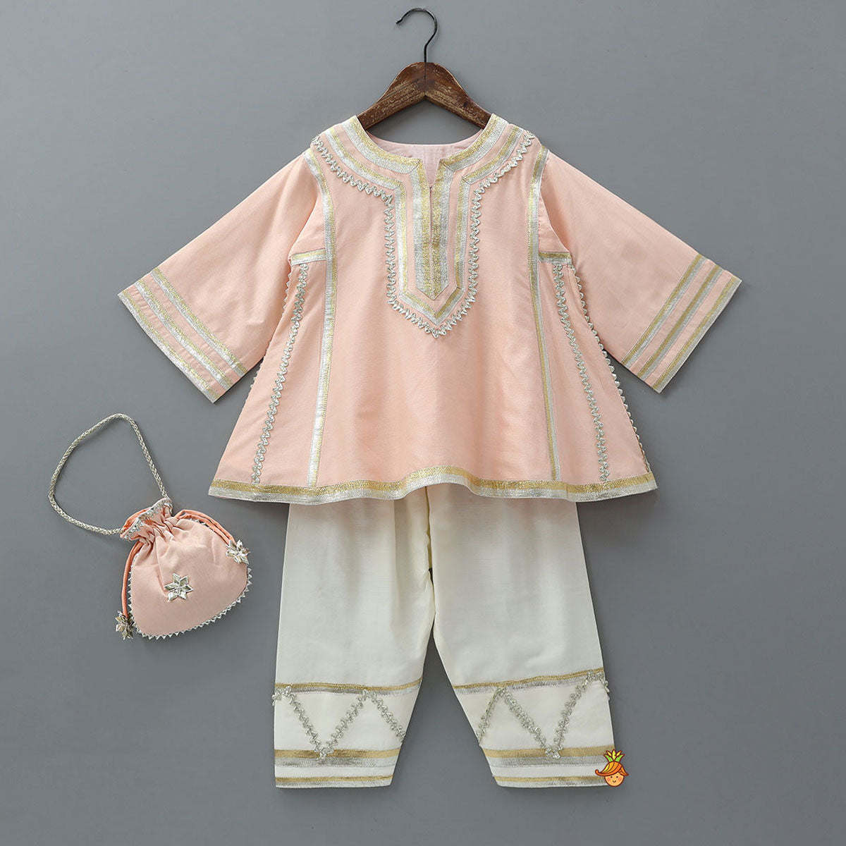 Pre Order: Lace Accented Kurti And Farshi Salwar With Potli Bag